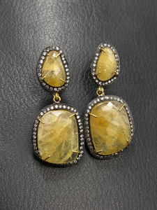Handmade Organic Shape Yellow Sapphire Slice 18K <b>Gold</b> Plated Pave Moissanite Halo Antique <b>Dangle</b> <b>Earrings</b> for Women Wedding Gift - Product Image 1