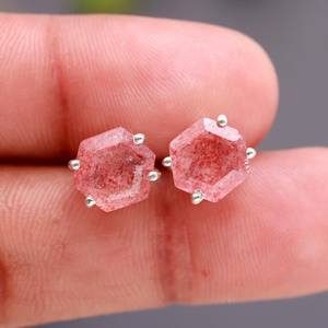 Boucles d'oreilles clous hexagonales en quartz fraise naturel, argent sterling 925, certifiées IGI, faites à la main, vintage, pierres précieuses, pour anniversaire et fête - Product Image 2