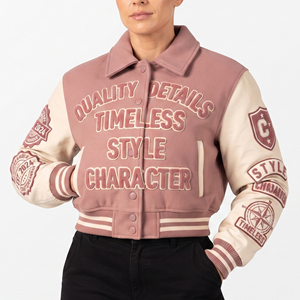 High Quality <b>Winter</b> Crop Varsity <b>Jacket</b> Women's <b>Leather</b> Sleeve Embroidery Patches Crop <b>Jackets</b> Ladies <b>Winter</b> Varsity Crop Coat - Product Image 6