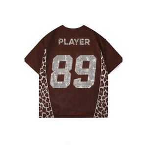 เสื้อฟุตบอลตาข่ายสีน้ำตาลสำหรับผู้หญิง คอกลม แขนสั้น ประดับเพชร 89 ลายเสือดาว ทรงหลวม สวมใส่สบาย - Product Image 2