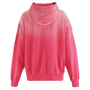 <b>Pink</b> Oversized Hooded <b>Sweatshirt</b> Rhinestone Embellished Fleece Unisex Autumn Wear Regular Sleeve Solid Design - Product Image 2