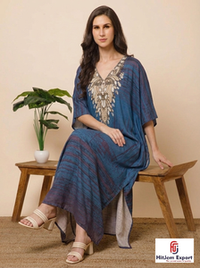 Vestido Largo Kaftan de Rayón Estampado Azul para Mujer, Marca HitJem Export, Corte Holgado, Manga Larga, Elegante, Estilo Línea A, Ropa de Verano - Product Image 4