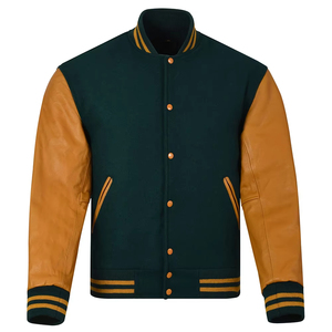 Veste universitaire pour femme à manches longues, col montant, en polyester, couleur vert foncé et beige contrastant, doublure en polyester, broderie - Product Image 5