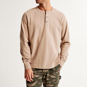 Men's Cream <b>Long</b> <b>Sleeve</b> <b>Henley</b> Shirt Regular Fit Button Up Collar Knitted Cotton Minimalist Style Spring Wear - Product Image 5