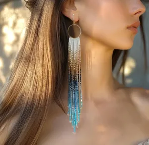 TOP TRENDING Ombre Blue Beaded Fringe Earrings Long Dangle Ocean Inspired Jewelry Seed <b>bead</b> Earrings FOR WEEKEND PARTY - Product Image 5