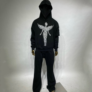 เสื้อฮู้ดดี้ผู้ชายแบบเรียบง่ายสำหรับฤดูหนาว ไม่มีเชือกผูก สไตล์สตรีทแวร์ ทรงโอเวอร์ไซส์ แบบเปิดไหล่ ชุดเซ็ตแฟชั่นแทรคสูท - Product Image 5