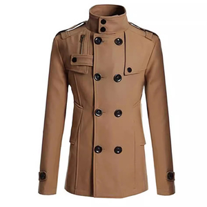 <b>Men's</b> Gray Wool Double Breasted Stand Collar Overcoat With Epaulets - Product Image 5