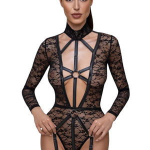 Women's Black <b>Lace</b> <b>Bodysuit</b> Sheer Hollow Out Strappy Sexy Lingerie <b>Long</b> <b>Sleeve</b> High Neck - Product Image 2