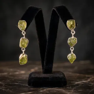 Raw Green Peridot 925 Sterling <b>Silver</b> <b>Earring</b> Bohemian Bezel Set Gemstone Women's Everyday Wear Handmade Jewelry Gift - Product Image 2