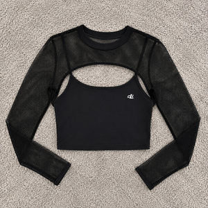 Haut court noir à manches longues en maille pour femme, coupe ajustée, couleur unie, personnalisable, vente en gros, impression DTF, couche transparente, haute qualité - Product Image 3
