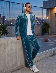 <b>Mens</b> <b>Velour</b> <b>Tracksuit</b> Full Zip Jacket And Pants Set Custom Logo Sportswear Casual Athletic Jogging Suit - Product Image 3