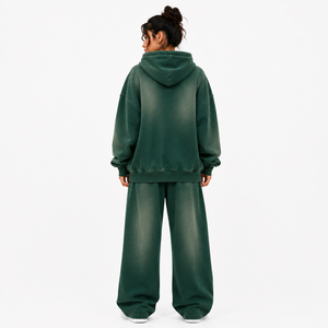 ชุดเซ็ตสตรีทแวร์ ONE APEX เสื้อฮู้ดดี้โอเวอร์ไซส์ทรงหลวมแบบซิปเต็มตัว ล้างสีแบบแอซิดวอช สีเขียวฟอเรสต์ ผ้าเฟรนช์เทอร์รี่เนื้อหนา พร้อมกางเกงขายาวทรงกระบอก - Product Image 2