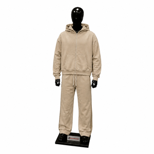 Premium Beige Tracksuit <b>Men</b> Full Zip Hoodie And <b>Jogger</b> Pants Set Casual Streetwear Oversized Sportswear Training <b>Gym</b> Running Out - Product Image 1
