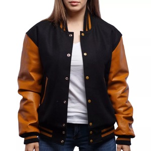 Women's Varsity Jacket Black Cotton Body Brown <b>Leather</b> Sleeves Full Sleeve Turn-down Collar Autumn Wear - Product Image 5