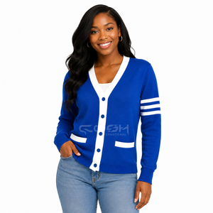 Suéter de Lana Personalizado Cosh International, Diseño Griego, Cárdigan Azul Tejido para Mujer, Cuello en V, Manga Larga, Estilo Preppy - Product Image 4