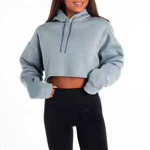 Sweat-shirts à capuche courts pour femmes, tendance, en coton, couleur unie au dos, confortables - Product Image 1