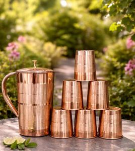 Juego de jarras de cobre para rituales de servicio de lujo, juego de metal para servir agua con vasos, duradero, reutilizable, para cocina y comedor. - Product Image 1