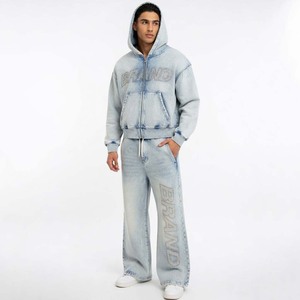Custom Premium Eco-Friendly Streetwear Unisex Winter Acid Wash French Terry 450g Tracksuit <b>Set</b> Zip Hoodie Flared Sweatpants - Product Image 6