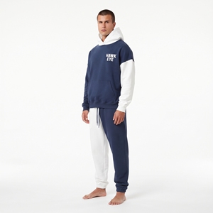 Ensemble décontracté pour homme personnalisé en molleton 100% coton, deux tons, avec sweat à capuche oversize à épaules tombantes et pantalon de jogging, à blocs de couleur contrastants - Product Image 5