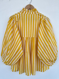 Women Formal Summer Yellow <b>White</b> Striped Print Shirt with Ruffle Neck <b>Balloon</b> Sleeves Gathered Flared Hem Top 100% Cotton - Product Image 5