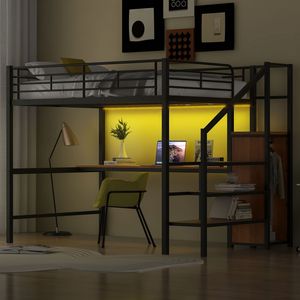 <b>Black</b> Full-Size Metal Loft <b>Bed</b> with LED Light Desk <b>Storage</b> Staircase Small Wardrobe - Product Image 1