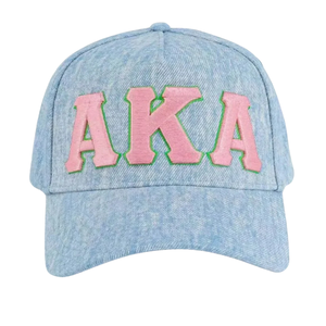AKA <b>Light</b> Denim Snapback <b>Hat</b> <b>Light</b> Blue Adjustable Denim Baseball Cap with Pink Embroidered Letters Casual Outdoor Cap for Women - Product Image 1