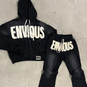 Men Printed Distressed <b>embroidery</b> Hoodie Sweat Suit <b>Sets</b> Sun Fade Oversized Tracksuits for men 100% Cotton For Winter - Product Image 1