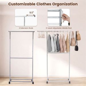Porte-vêtements double extensible en métal avec roulettes, hauteur réglable - Product Image 6