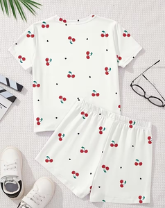 Girls 2-Piece <b>Cherry</b> Print Set Short Sleeve <b>Top</b> With Shorts Summer Outfit Cute Style - Product Image 3