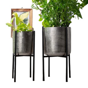 Metal Silver Planter Set with Black Stand Modern <b>Tall</b> <b>Flower</b> <b>Pot</b> Decorative Plant Holder for Living Room Office Indoor Outdoor - Product Image 1