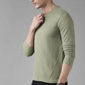 Camiseta de Manga Larga para Hombre, Cuello Redondo, Tejido Waffle, Color Sólido, Transpirable, Corte Regular, Verde - Product Image 2