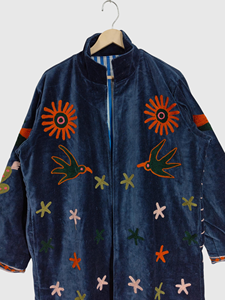 Floral Embroidered <b>Velvet</b> Jacket Mandarin Collar Full Sleeve Plus Size Women's Long Coat Autumn Wear Hand Embroidery Style - Product Image 2