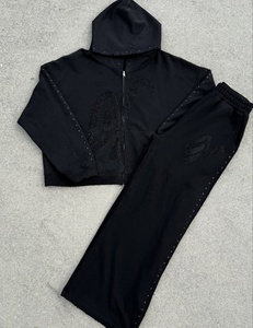 Wholesale Price Rhinestone Zip Hoodie and Wide-Leg Sweatpants Set Studded Trim <b>Tracksuit</b> Unisex <b>Y2K</b> - Product Image 3