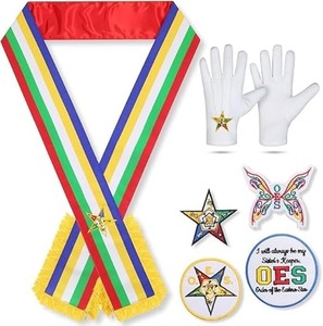 Ensemble de sash réversible 5 couleurs OES (Ordre Maçonnique de l'Étoile d'Orient) avec gants et écussons brodés – Collier de régalia double face - Product Image 2