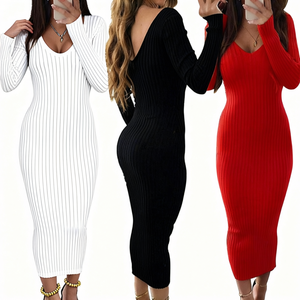 Women's Y2K Skinny Ribbed Cotton Solid Stretch Bodysuit-Knee-Length V-Neck New Stock Bangladesh - Product Image 3