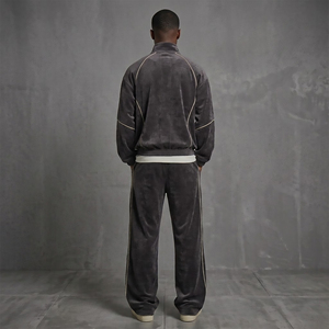 Hot-Selling Men's Velvet <b>Tracksuit</b> <b>Velour</b> 100% Polyester Stripe Loose Zip Sweatsuit with Embroidery Sport Jogger Sets for Winter - Product Image 6