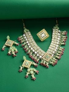 Women's Gold Plated Ethnic Jewelry Set with Imitation Pearl Necklace Earrings <b>Ring</b> for Wedding & Party - Product Image 2