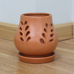 Terracotta Flower <b>Pot</b> with Leaf Cutouts Vintage Wabi-Sabi Customized Rustic Style Indoor Plant Planter Desktop Use - Product Image 3