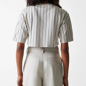 Women Striped <b>Crop</b> <b>Top</b> Crew Neck Short Sleeve Casual Woven Cotton T-Shirt Spring Summer Regular Fit - Product Image 2