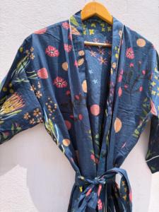 Bata Kimono de Algodón Azul Oscuro con Estampado Floral para Mujer, Ligera, Estilo Boho, para Descansar, Vestido de Salón, Túnica de Verano, Cubrebaño de Playa - Product Image 2