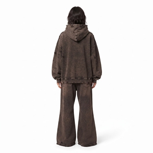 Women's Acid Wash Distressed Oversized Drop Shoulder <b>Full</b> <b>Zip</b> <b>Hoodie</b> And Wide Leg Jogger Cotton Fleece Tracksuit - Product Image 6