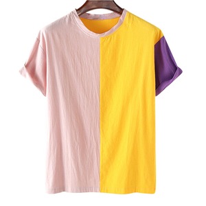 Camiseta de Manga Corta con Cuello Redondo y Bloques de Color para Hombre, Talla Grande, Informal, Transpirable, 100% Algodón, Tejido de 300g, Rosa y Amarillo - Product Image 1