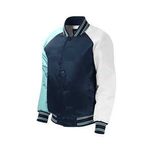 Men Navy Blue Satin Bomber <b>Jacket</b> With <b>Light</b> Blue Sleeve Stripes Casual Regular Fit - Product Image 6
