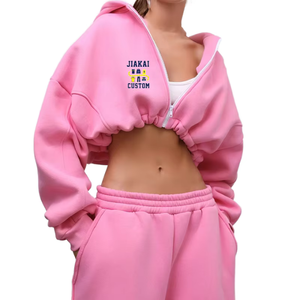 Women's <b>Pink</b> Hooded Crop <b>Sweatshirt</b> Oversized Puff Sleeve Embroidered Front Logo Printed Knitted Cotton Winter Casual Regular - Product Image 1