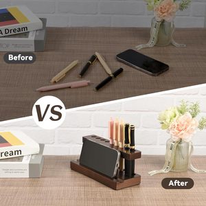 Porte-stylos en bois pour bureau, support de présentation pour stylos à plume avec 9 fentes et support pour téléphone, organisateur de stylos - Product Image 4
