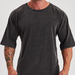 T-shirt Homme Designer Personnalisé Coupe Oversize Ample Épaules Tombantes Formel Coton Lourd Délavé à l'Acide Col Rond Soie - Product Image 3