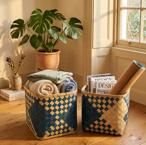 Paniers de rangement ronds en bambou écologiques, tissés à la main, motif géométrique moderne, organisateur multi-usages - Product Image 5