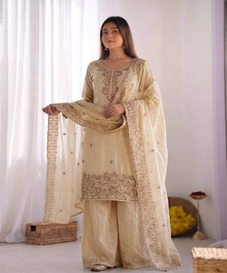 FANCY GMY SILK EMBROIDERY BEADS WORK <b>TOP</b> PALAZZO WITH DUPATTA WHOLESALE PRICE ETHNIC GARMENT 85063 MIX WHITE - Product Image 3