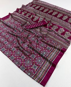 Sari traditionnel indien en soie pure satinée modal, imprimé numérique AJRAKH, doux et élégant pour les occasions spéciales - Product Image 5