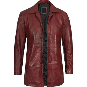 Manteau long en cuir véritable pour homme, col à revers cranté, simple boutonnage, coupe droite, rouge - Product Image 3